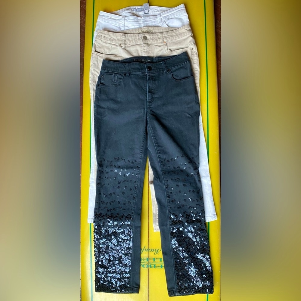 3 Pair Chico's Platinum Denim - 0.5 SHORT - KHAKI, WHITE & BLACK w/Sequins